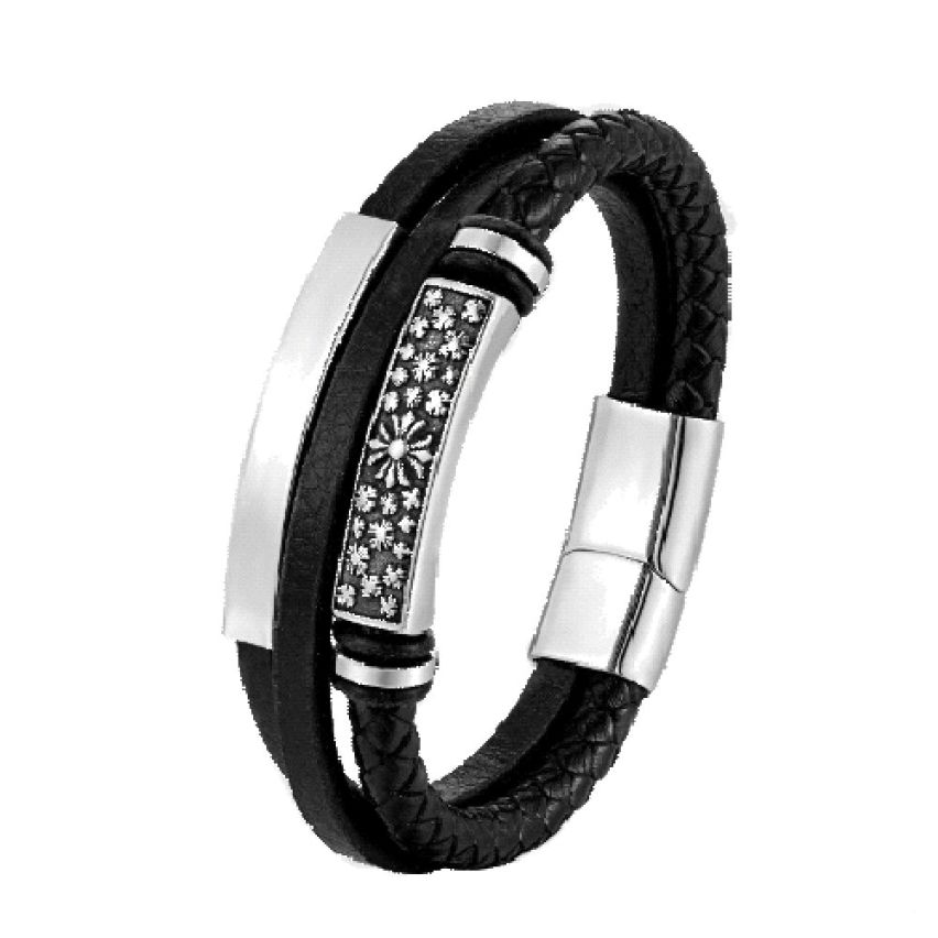 S.Steel Antique silver Leather With Plate Men-c