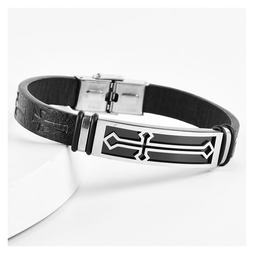 S.Steel Black Leather Cross Men-c 215x10mm