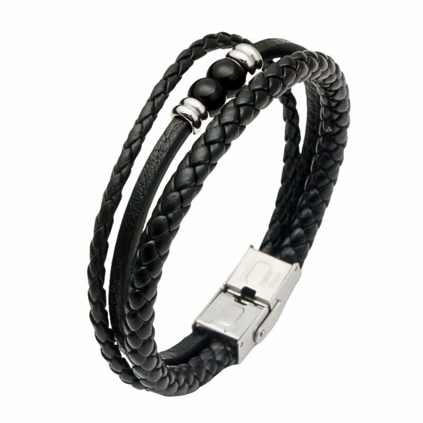 S.Steel Black Leather Men-c 20g