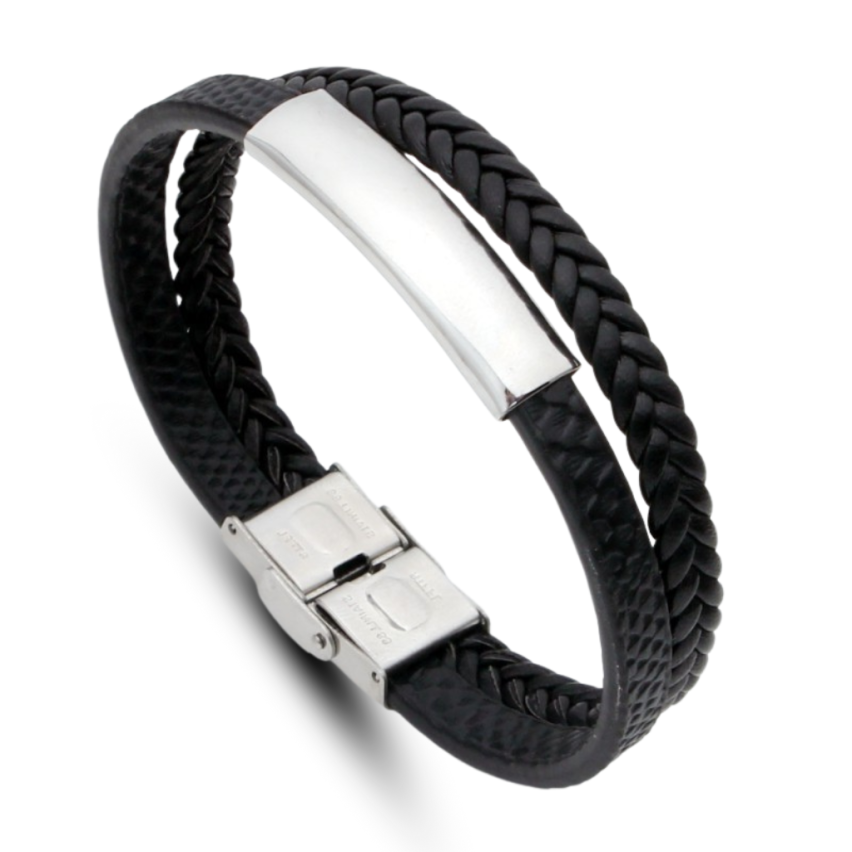 S.Steel Braided Black Leather Men-c 20g