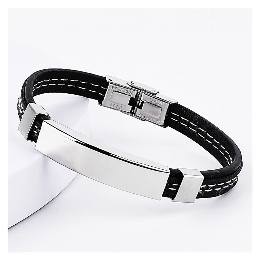 S.Steel Black Leather With Plate Men-c 215x10mm