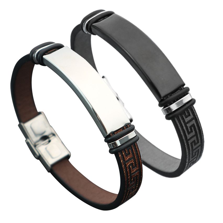 S.Steel Black Plating Leather With Plate Men 13g 215x10mm