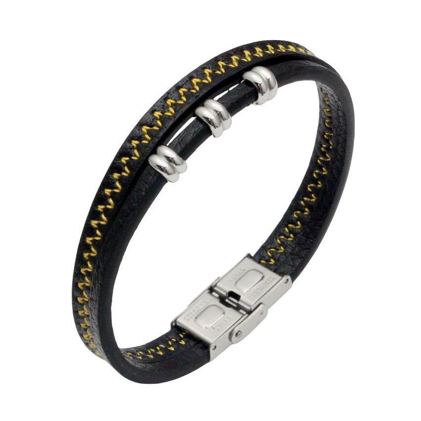 S.Steel Yellow Stitched Leather Men-c 20g