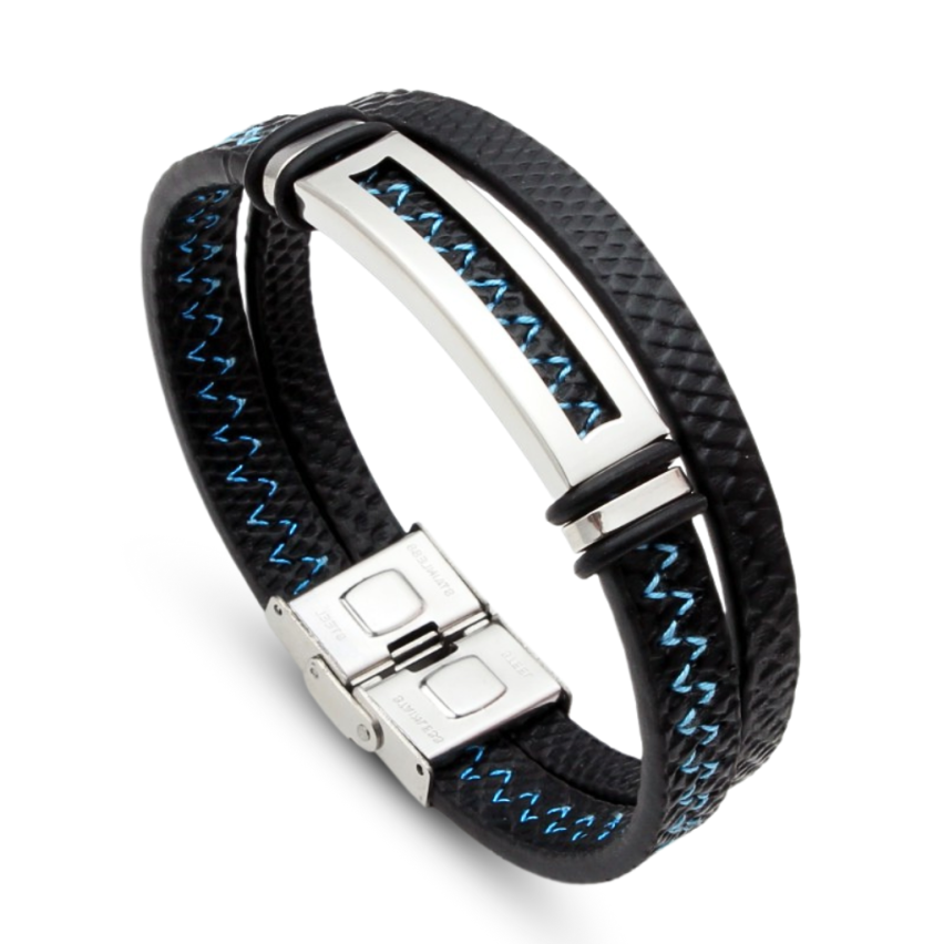 S.Steel Blue Stitched Leather Men-c 22g