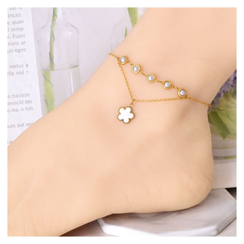 S.Steel Gold Plating White Shijia pearl Anklets Women-c 3.9g