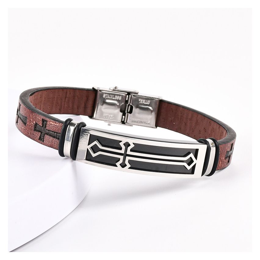 S.Steel Brown Leather Cross Men-c 215x10mm