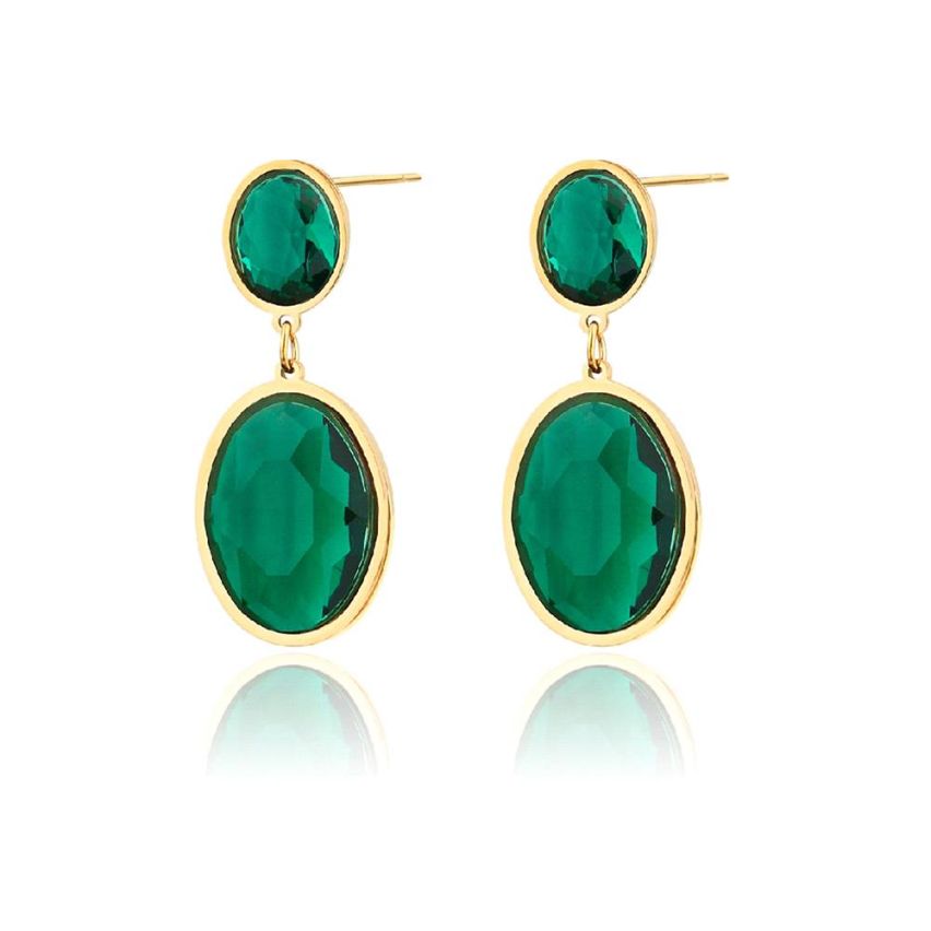 Gold Plating S.Steel and Green Glass Stone Long Earrings