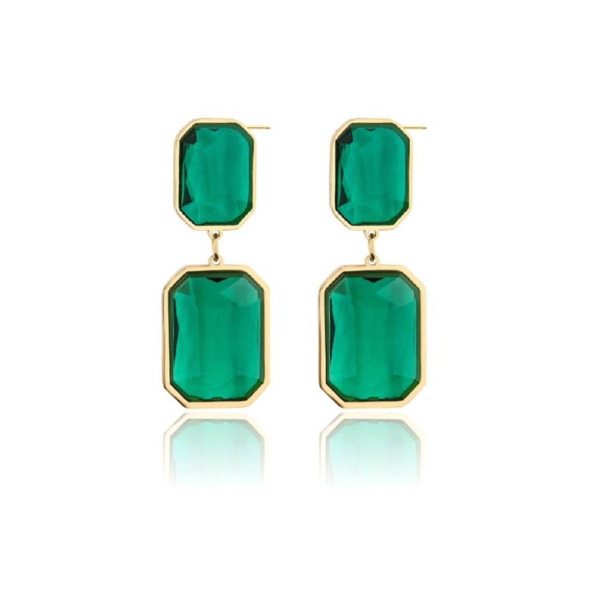 Gold Plating S.Steel and Green Glass Stone Long Earrings