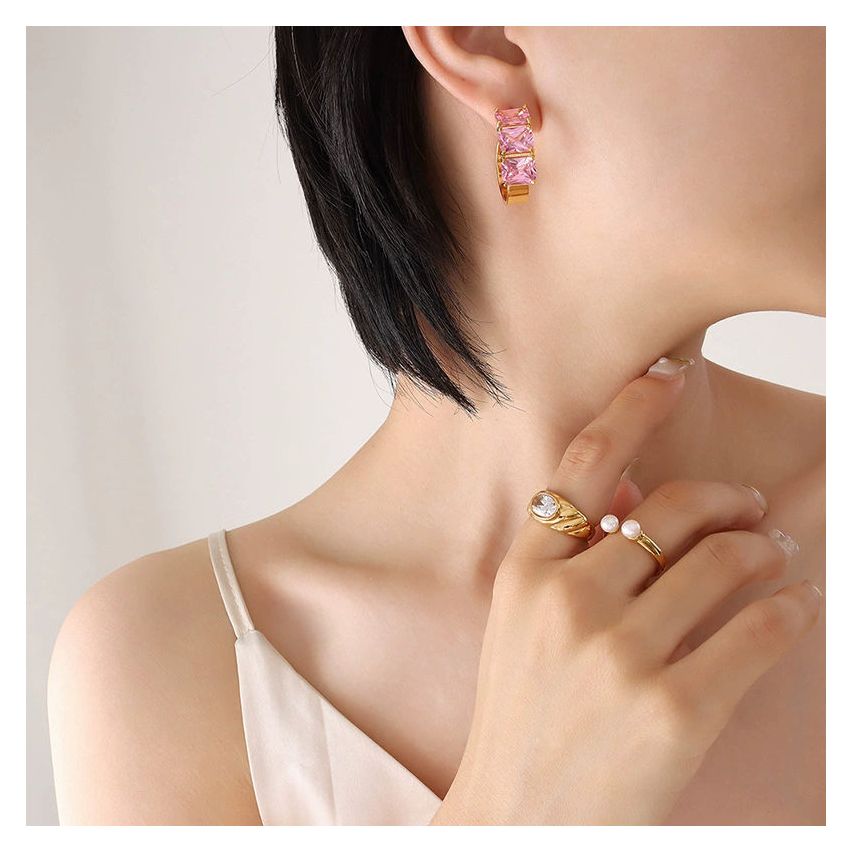 S.Steel and Rose Zircon Hoop Earrings