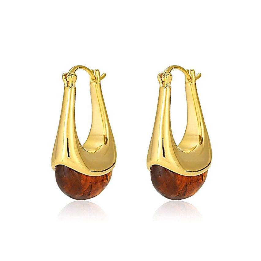 Gold Plating S.Steel and Amber Resin Hoop Earrings