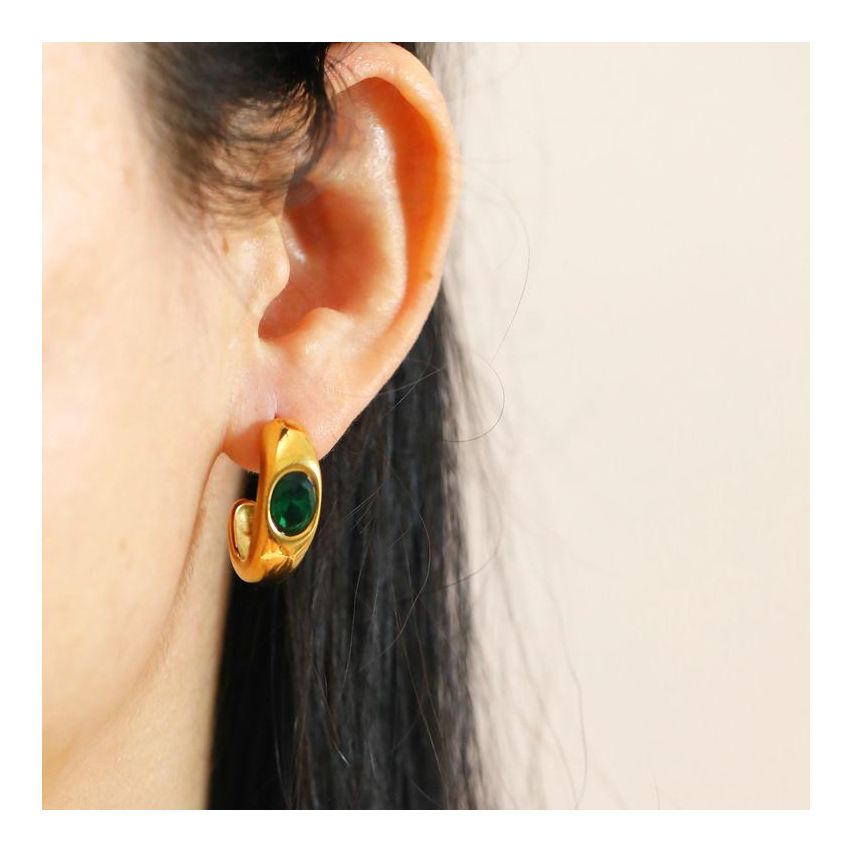 Gold Plating S.Steel and Green Hoop Earrings
