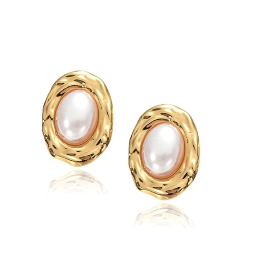 Gold Plating S.Steel and White Pearls Earrings