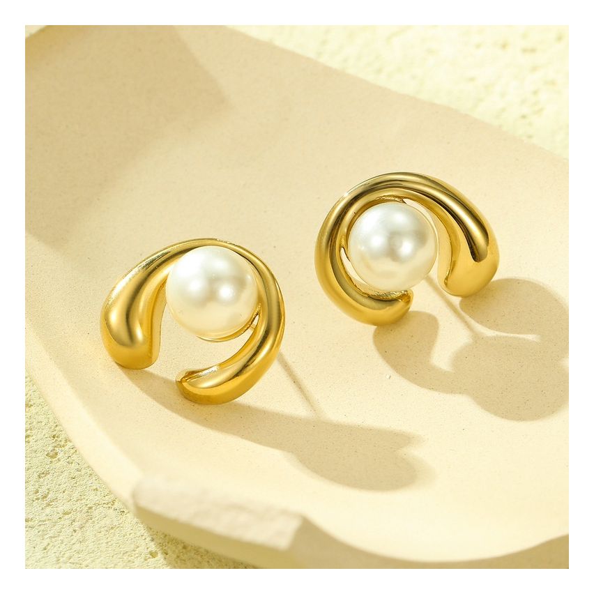 Gold Plating S.Steel and White Pearls Earrings
