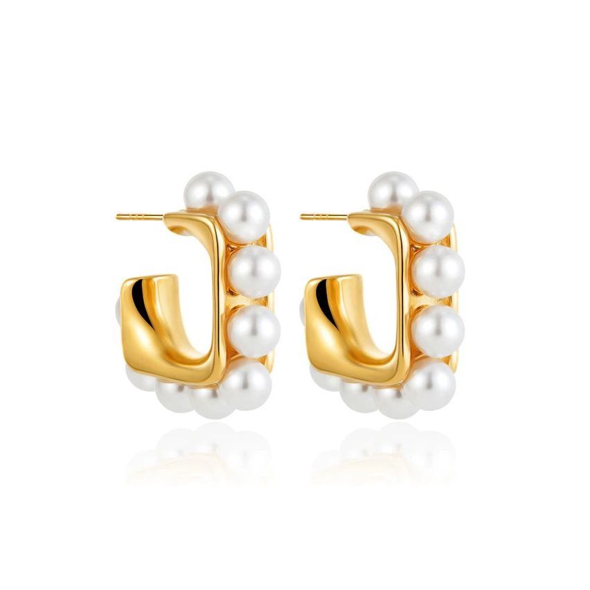 Gold Plating S.Steel and White Pearls Earrings