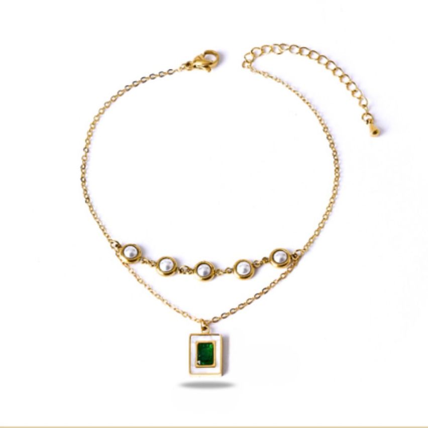 S.Steel Gold Plating Green Glass stone Anklets Women-c 4.1g