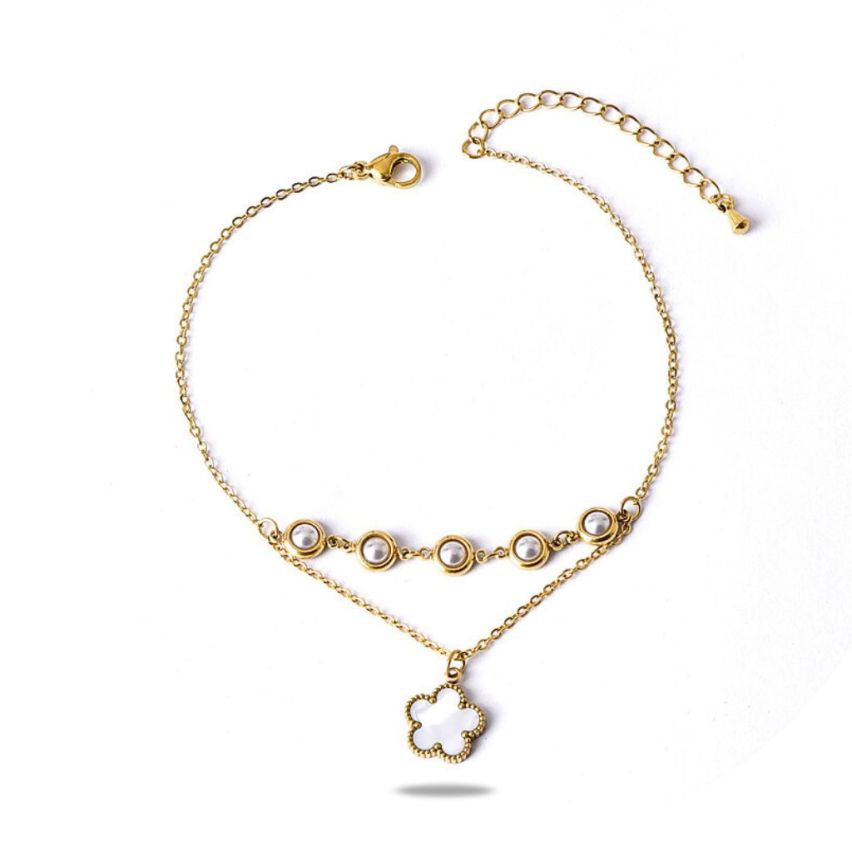 ESSENTIAL Gold Plating S.Steel White Shijia pearl Anklets Women 