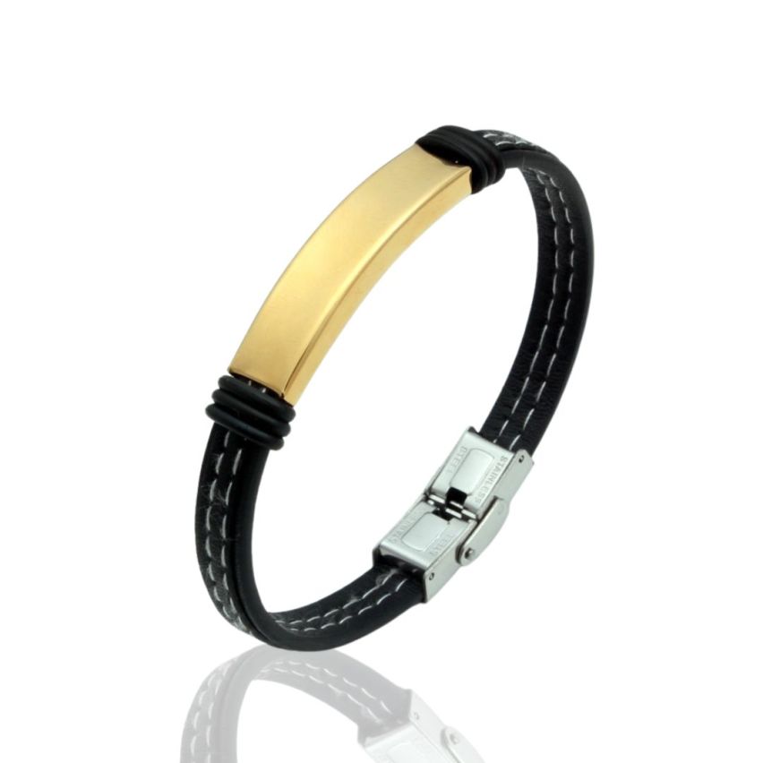 S.Steel Gold Plating Leather With Plate Men-c 20g