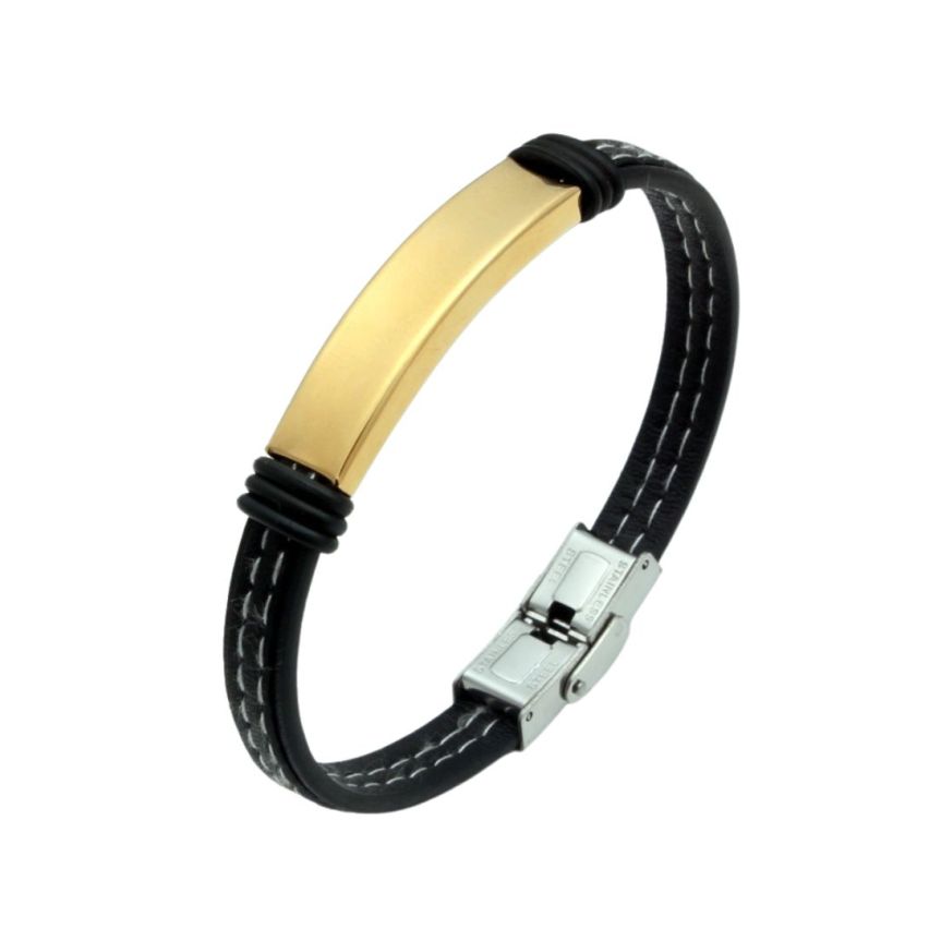 S.Steel Gold Plating Leather With Plate Men-c 20g