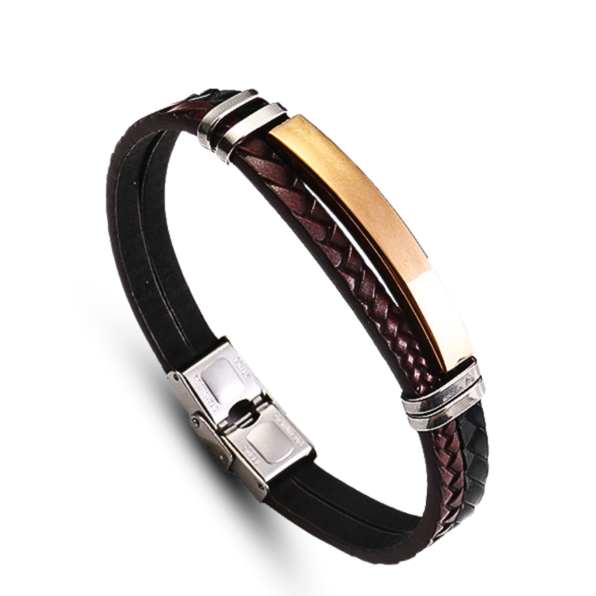 S.Steel Gold Plating Brown Leather Men-c 25g 210x5mm