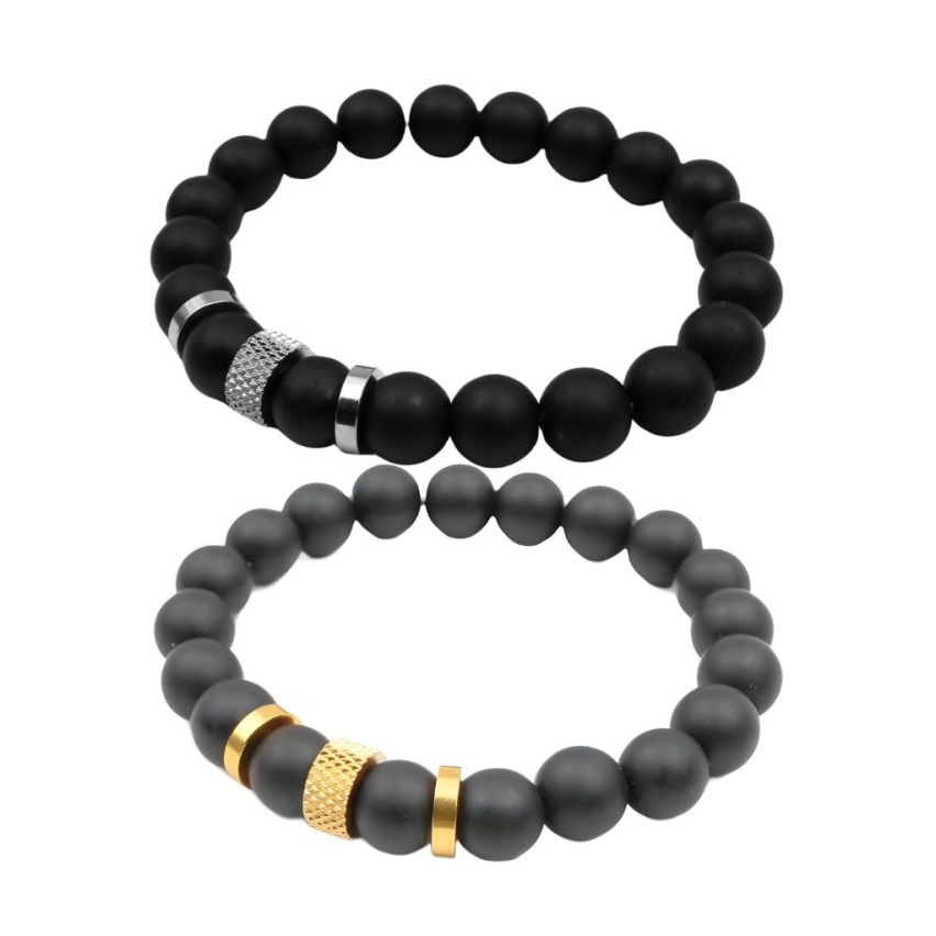 S.Steel Gold Plating Black Agate Beads Men-c