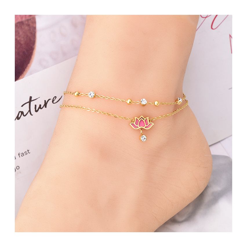 S.Steel Gold Plating Pink Zircon Anklets Women-c 4g
