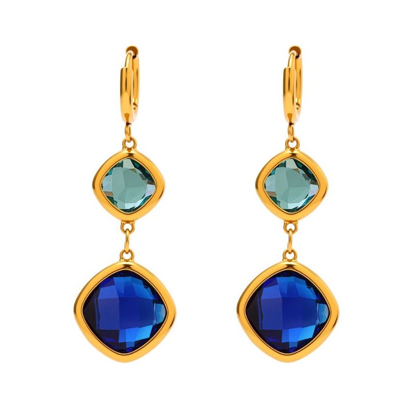 S.Steel Gold Plating Blue Glass stone Long Women-c 6.6g 47x15mm