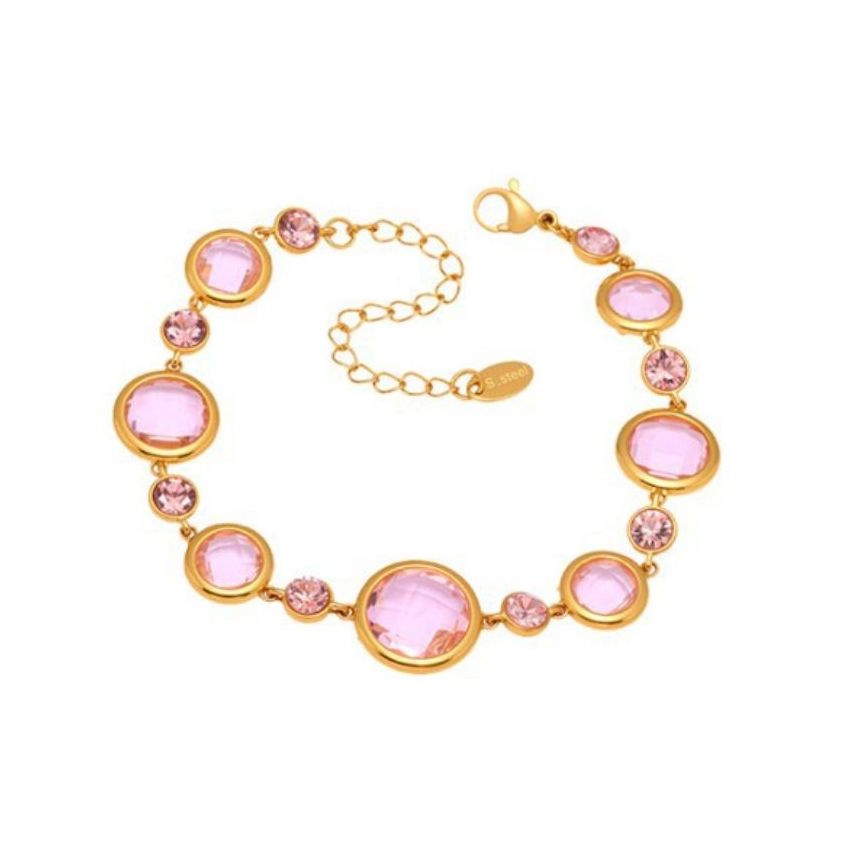 S.Steel Gold Plating Pink Czech Glass stone Minimalist Women 10g