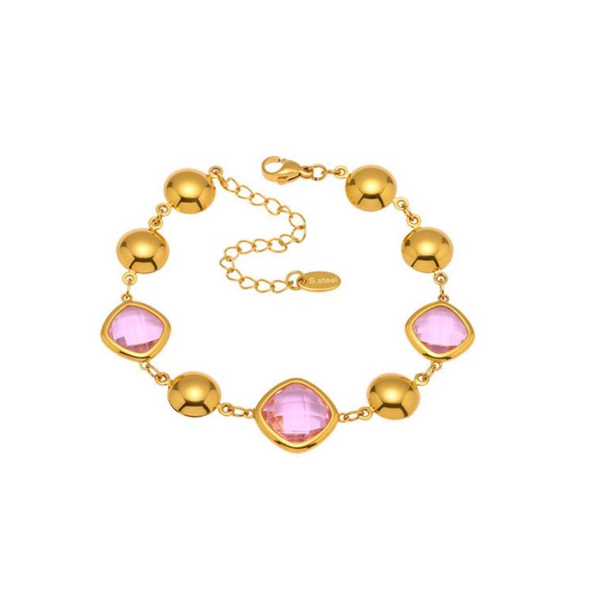 S.Steel Gold Plating Pink Faceted Czech Glass stone Minimalist Women 8.3g
