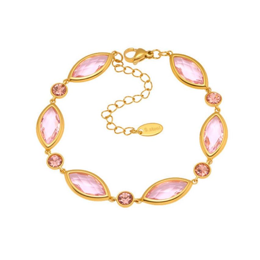 S.Steel Gold Plating Pink Czech Glass stone Minimalist Women 8.3g