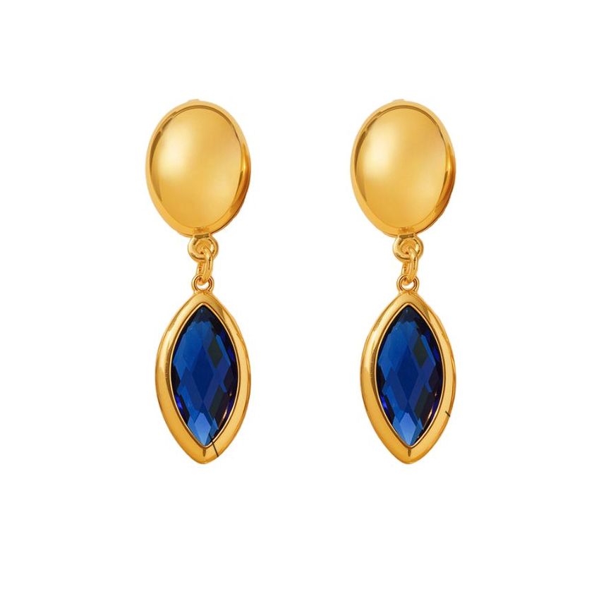 S.Steel Gold Plating Blue marine Glass stone Long Women-c 3.8g 38x10mm