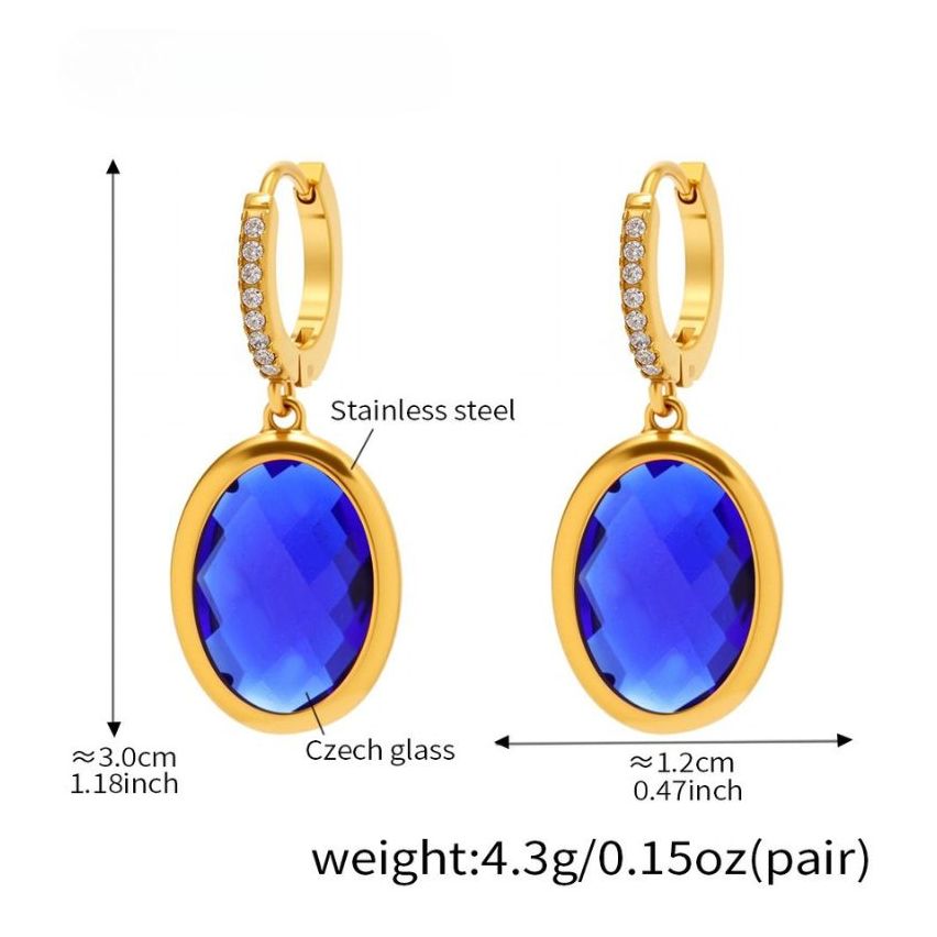 S.Steel Gold Plating Blue marine Glass stone Long Women-c 4.3g 30x12mm