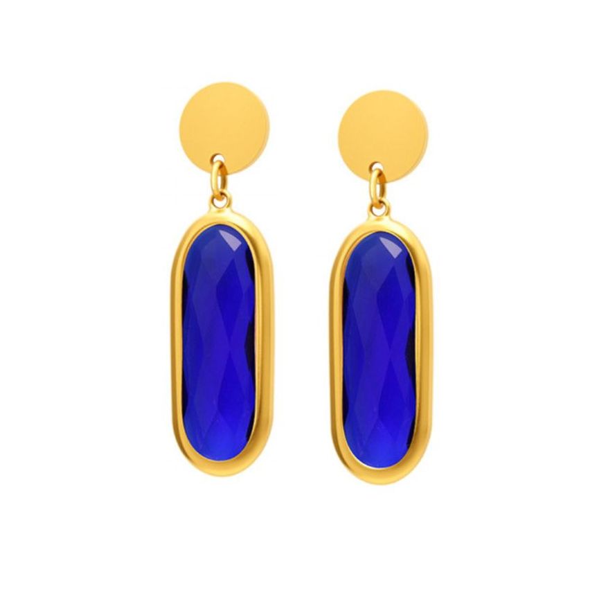 S.Steel Gold Plating Blue marine Glass stone Long Women-c 4.4g 34x19.5mm
