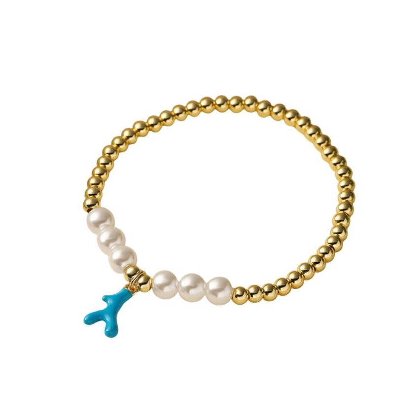 S.Steel Gold Plating Blue Shijia pearl Beads Women-c 10g