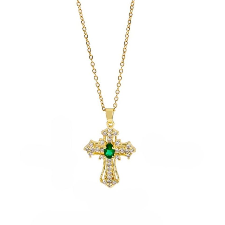 S.Steel Gold Plating Green Zircon Cross Women-c 10g