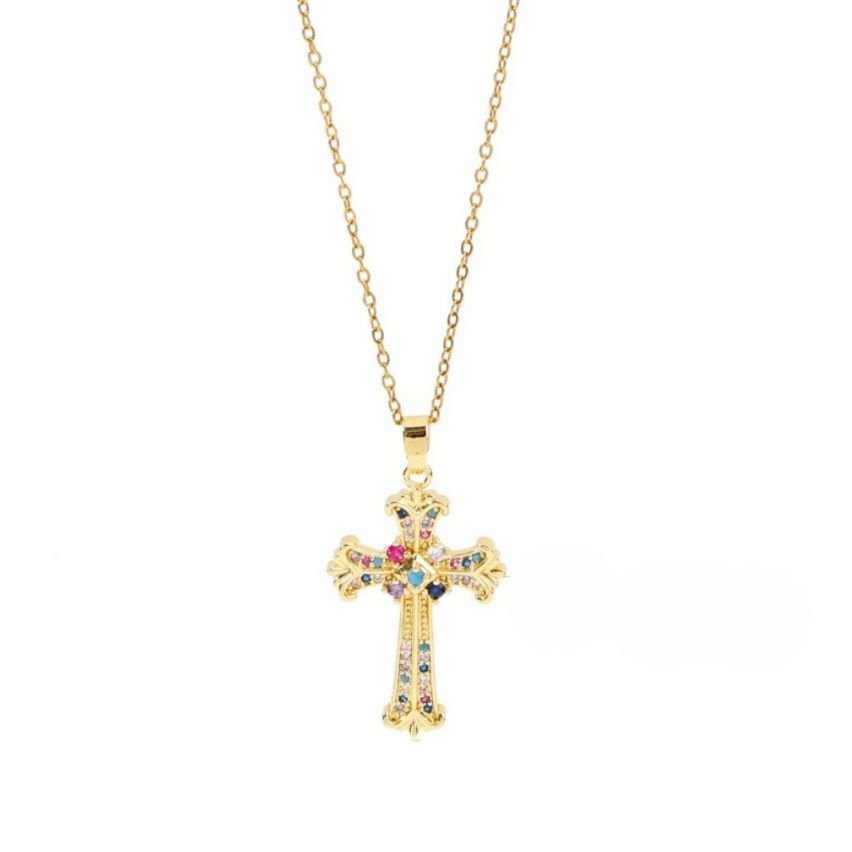 S.Steel Gold Plating Colorfull Zircon Cross Women-c