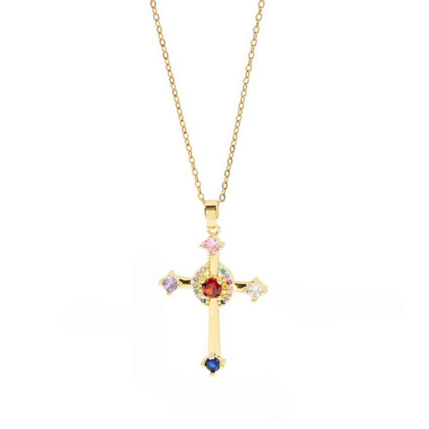 S.Steel Gold Plating Colorfull Zircon Cross Women-c