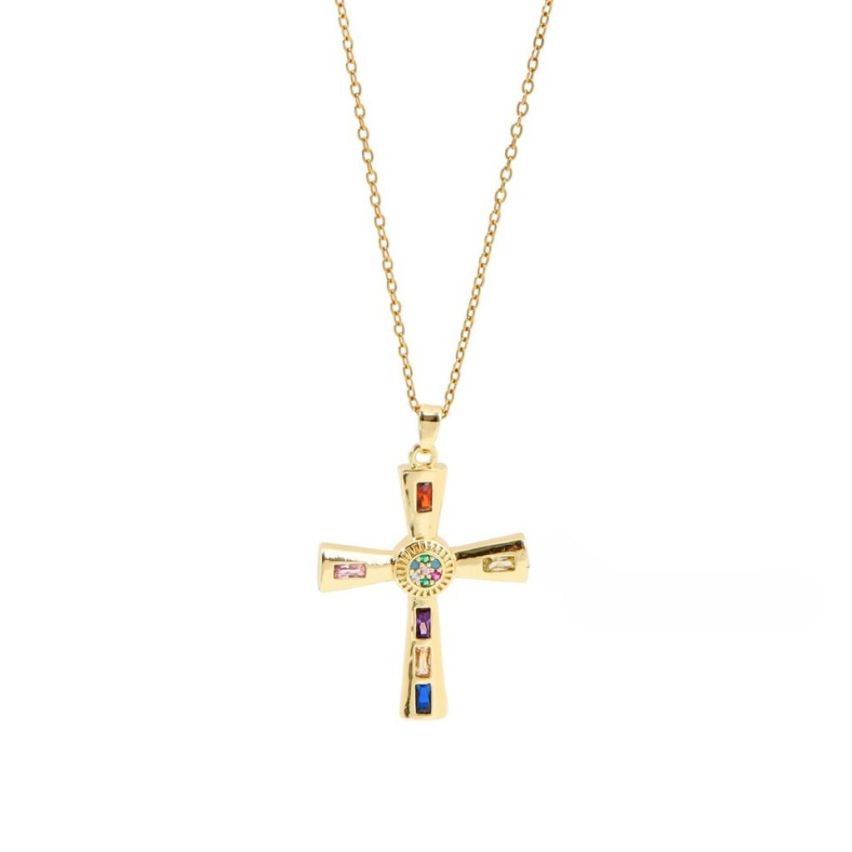 S.Steel Gold Plating Colorfull Zircon Cross Women-c