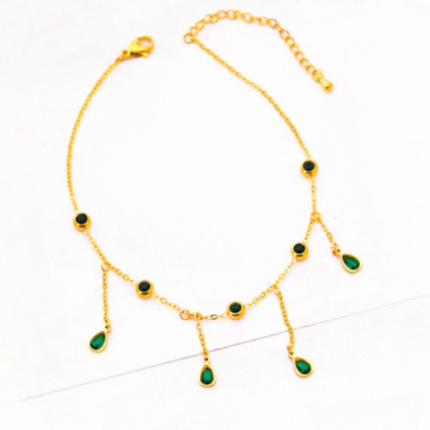 S.Steel Gold Plating Green Glass stone Anklets Women-c 3.7g