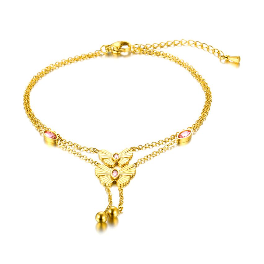 S.Steel Gold Plating Pink Glass stone Anklets Women-c 5g