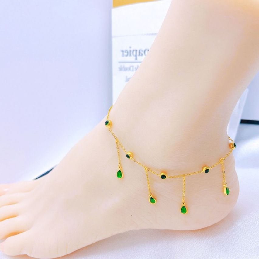 S.Steel Gold Plating Green Glass stone Anklets Women-c 3.7g