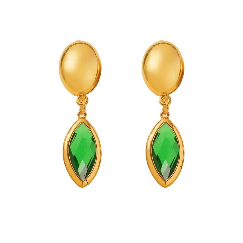 S.Steel Gold Plating Green Glass stone Long Women-c 3.8g 38x10mm