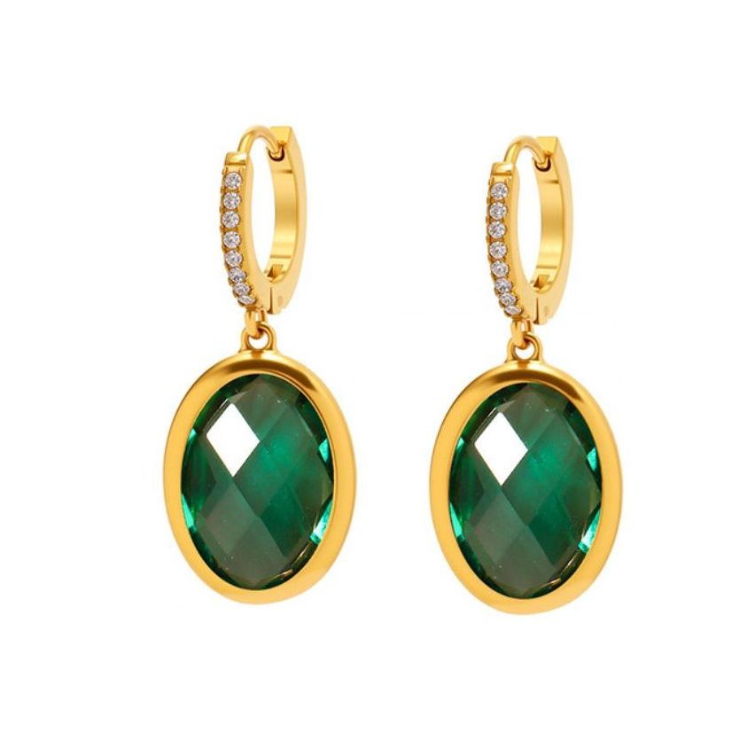 S.Steel Gold Plating Green Glass stone Long Women-c 4.3g 30x12mm