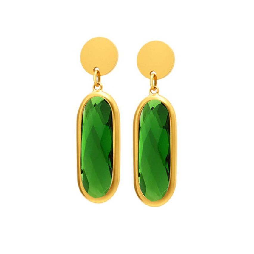 S.Steel Gold Plating Green Glass stone Long Women-c 4.4g 34x19.5mm