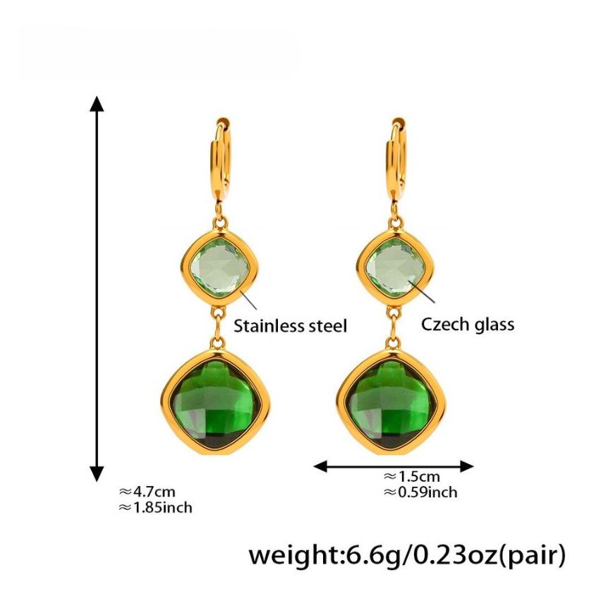 S.Steel Gold Plating Green Glass stone Long Women-c 6.6g 47x15mm