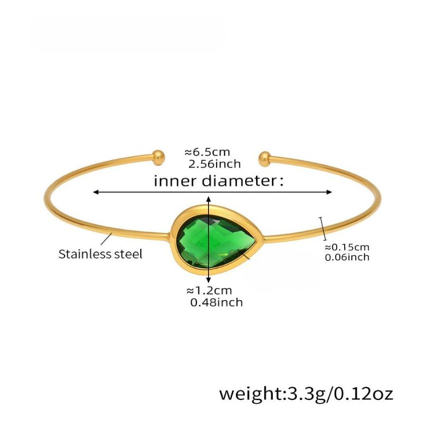 S.Steel Gold Plating Green Glass stone Minimalist Women-c 3.3g 65x12mm