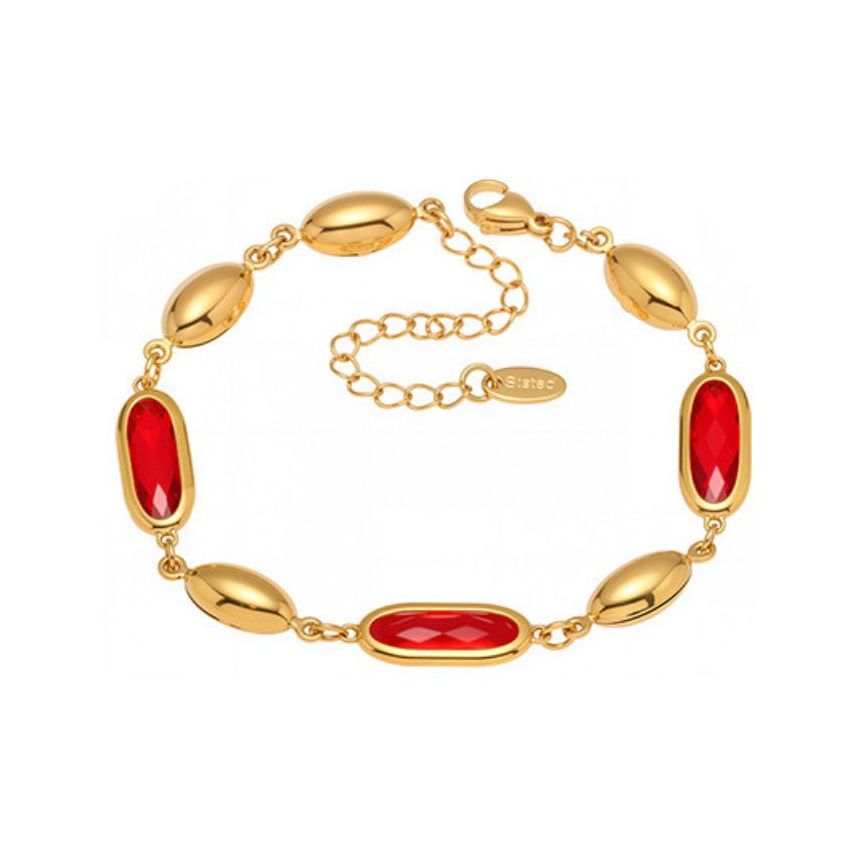 S.Steel Gold Plating Red  Faceted Czech Glass stone Minimalist Women 5.8g