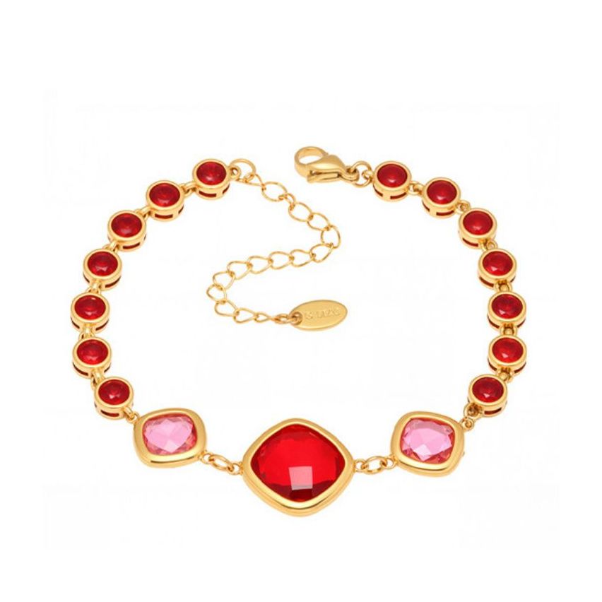 S.Steel Gold Plating Red Glass stone Minimalist Women-c 8.7g