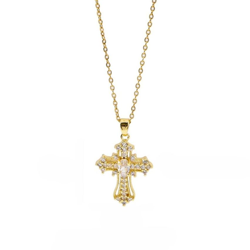 S.Steel Gold Plating White Zircon Cross Women-c 10g