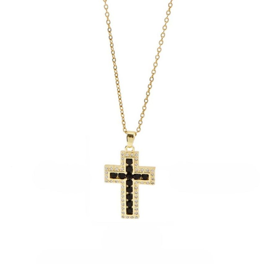 S.Steel Gold Plating Black Zircon Cross Women-c 10g