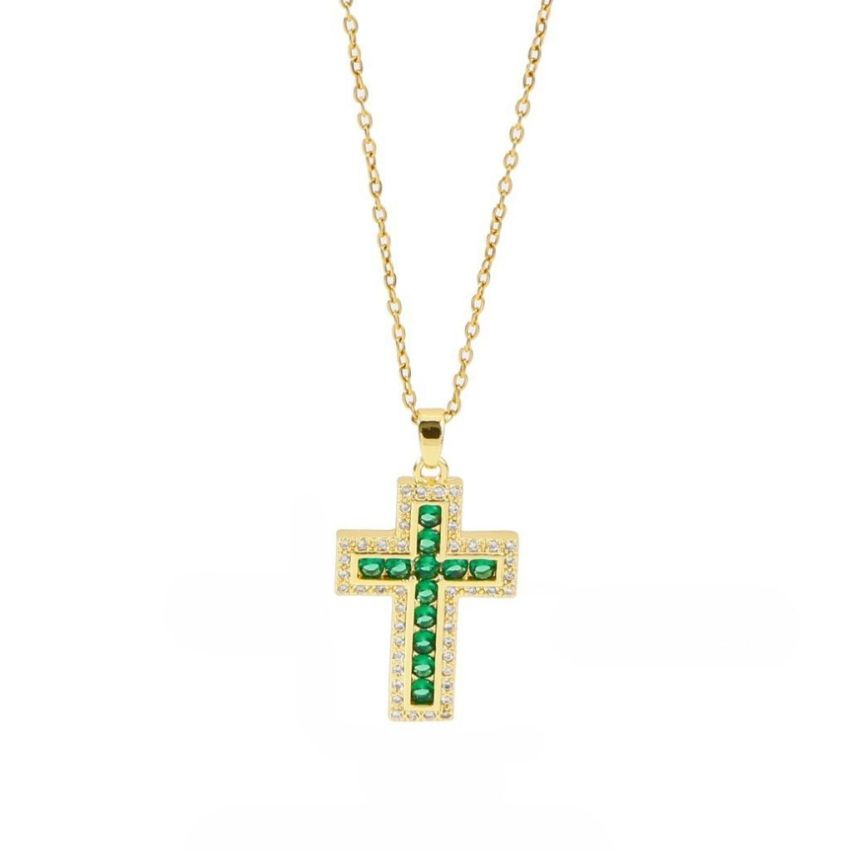 S.Steel Gold Plating Green Zircon Cross Women-c 10g